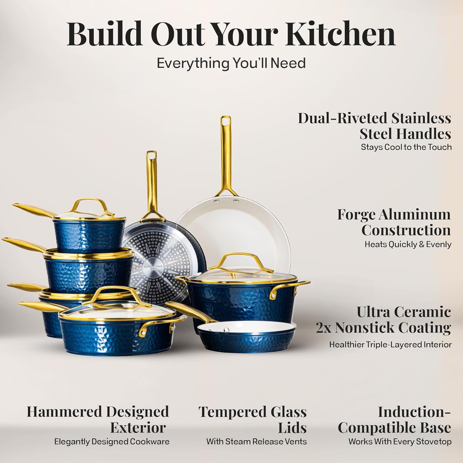 Gotham Steel Hammered 20 Pc Ceramic Cookware Set Nonstick, Induction Pots and Pans Set, Non Toxic Cookware Sets, Oven & Dishwasher Safe, Navy/Gold