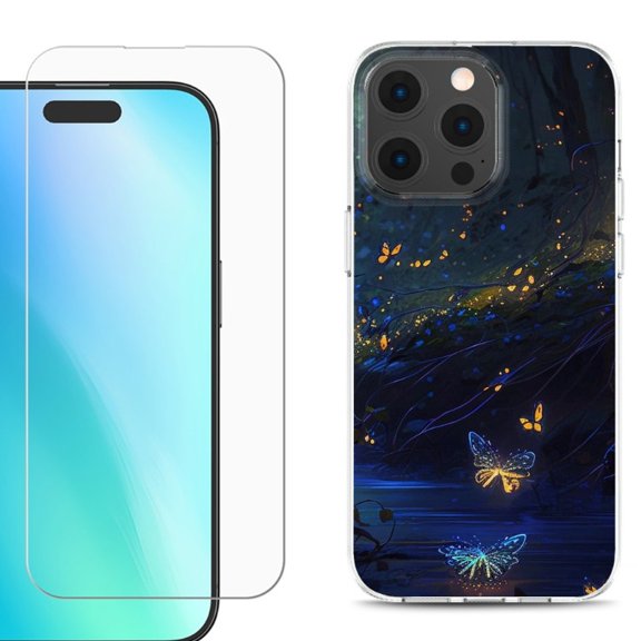 For iPhone 16 Pro Phone Case Cover, Shockproof Case with Tempered Glass Screen Protector, by OneToughShield - Fireflies Butterfly