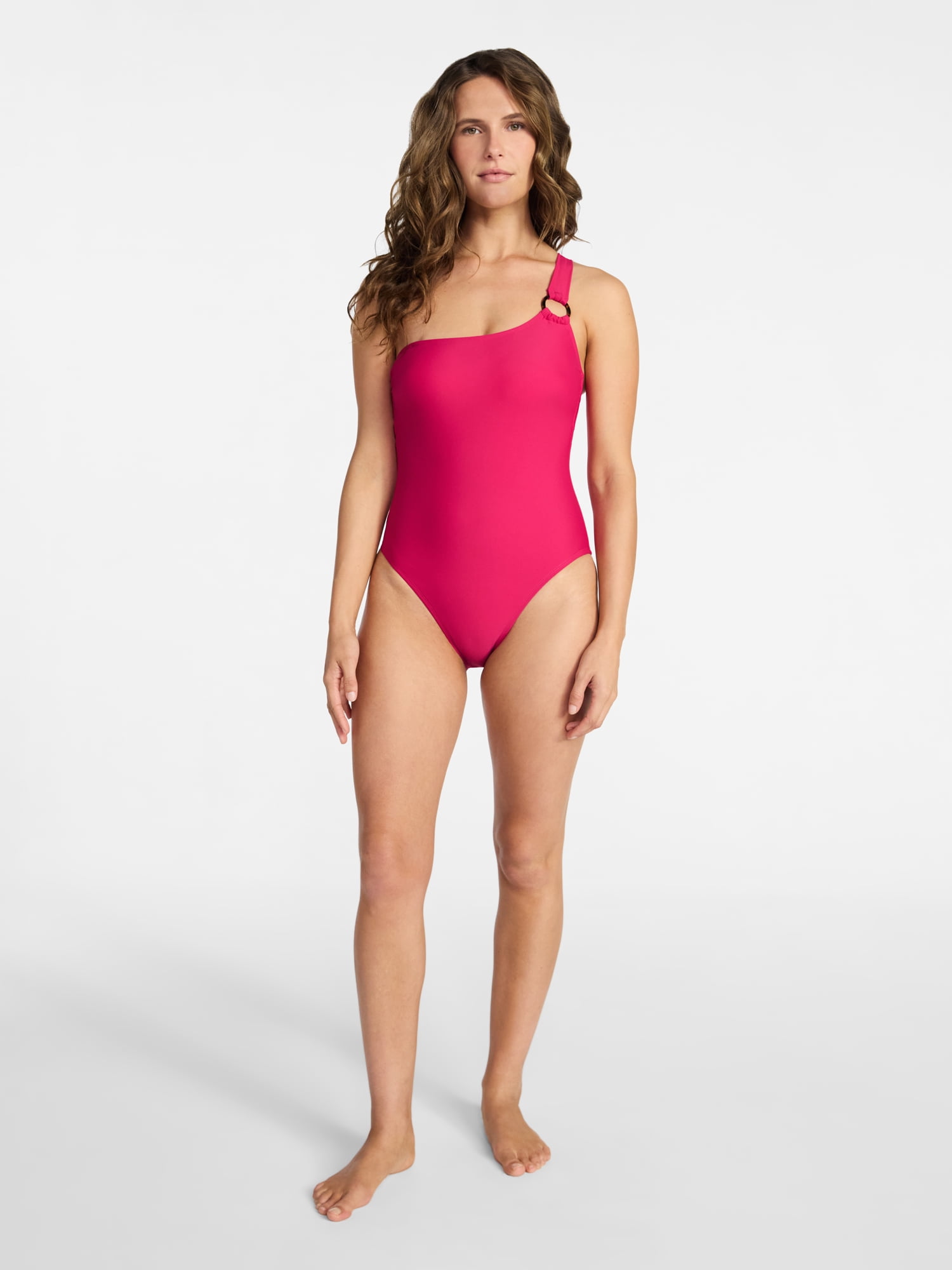 Time and Tru Women's and Women's Plus One Shoulder One Piece Swimsuit, Sizes XS-3X, Family Swim