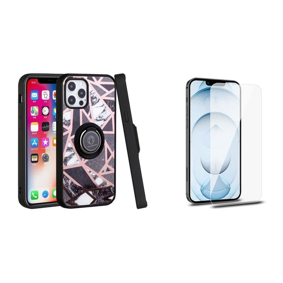 Bemz Ring Series Case for iPhone 14 Pro Max (TPU Silicone Cover with Magnetic Stand) with Tempered Glass Screen Protector - Black White Marble