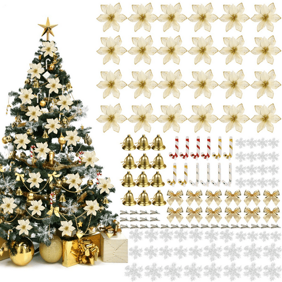 96PCS Christmas Tree Flowers Decoration Christmas Glitter Flowers Tree Topper Ornament Set Assorted Hanging Ornament with 24PCS Clips