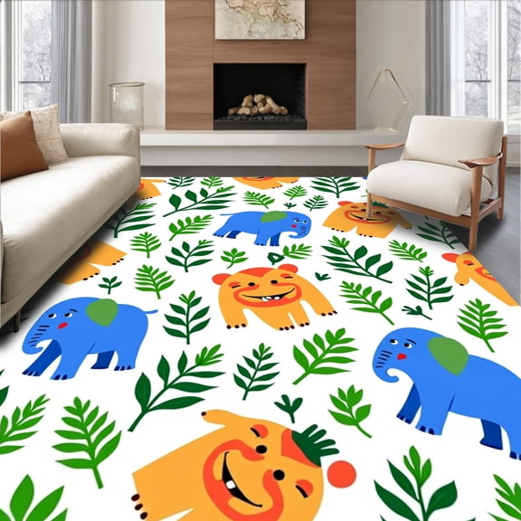 ODIKA 4'x6' Machine Washable Non-Slip Area Rug, Safari Adventure Jungle Wildlife Elephant Lion Friends Playful High Traffic Rug, Orange, 683042