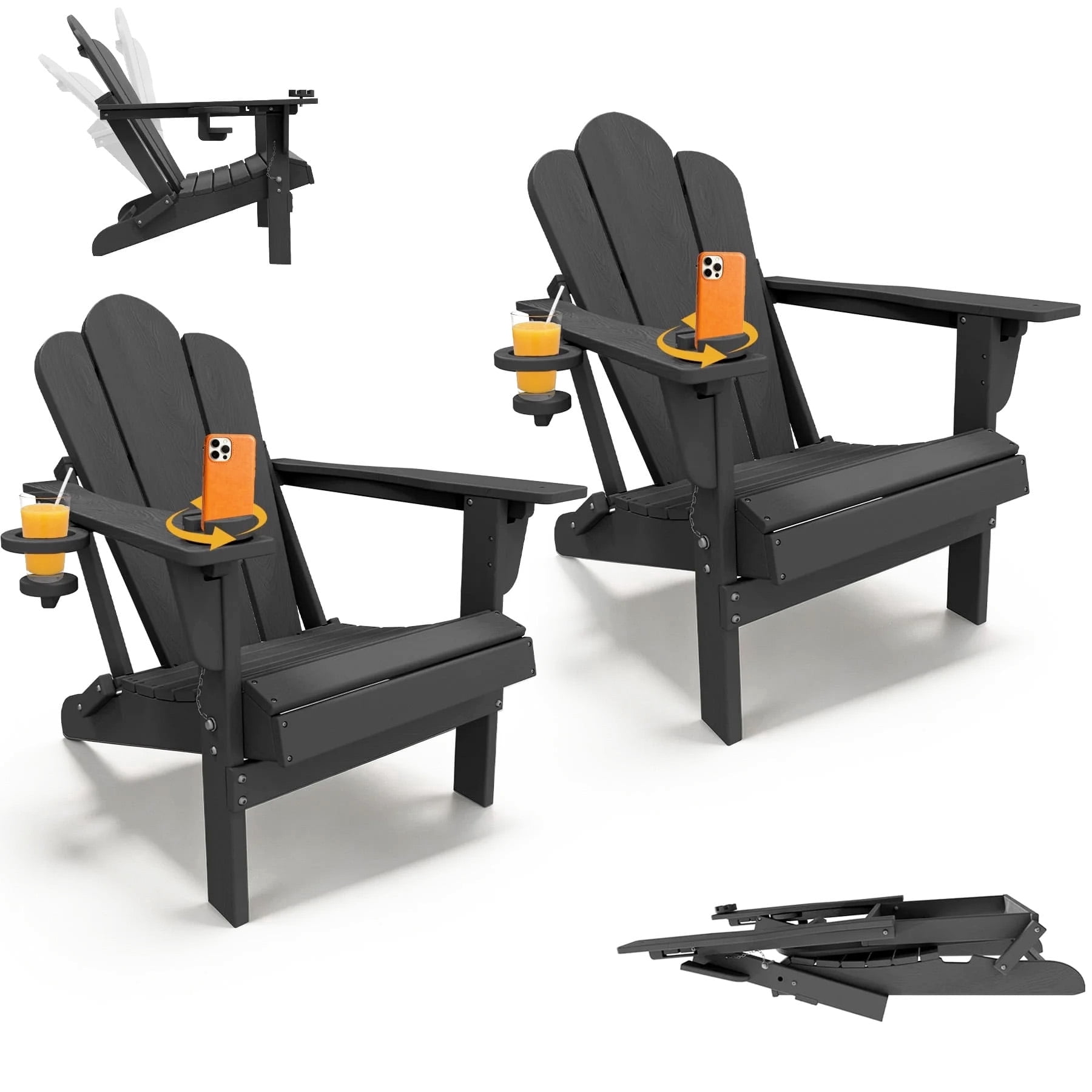 Tappio Folding Adirondack Chair Set of 2, All Weather HDPE Outdoor Patio Chairs with 3- Position Adjustable Backrest, Detachable Multifunctional Holders and Cup Holders, Fire Pit Chairs, Black