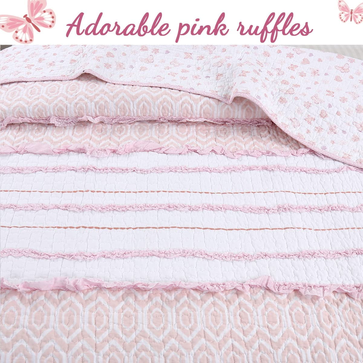 Cozy Line Home Fashions Pink Princess Ruffle Stripe 100% Cotton Girls Reversible Bedding Quilt Set (Pink Princess, Twin - 2 Piece)