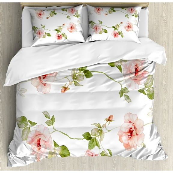 Floral Duvet Cover Set, Romantic Rose Flower Petals Shabby Form Love Blooms Botanical Design, Decorative 3 Piece Bedding Set with 2 Pillow Shams, Queen Size, Reseda Green Peach Coral, by Ambesonne