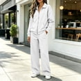 thumbnail image 5 of Women 2 Piece Outfit Set Solid Color Zip up Collared Long Sleeve Top Elastic Waist Wide Leg Pants Loose Casual Tracksuit Loungewear Set with Pockets White, 5 of 8