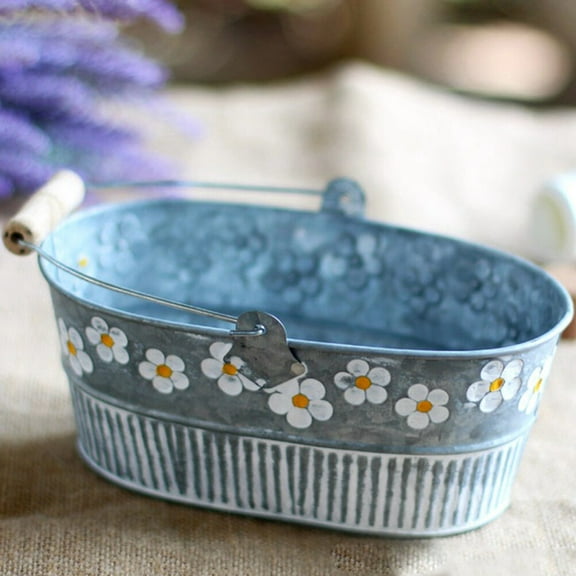 FOMIYES Flower Pot Vintage Daisy Embossed Garden Metal Tin Bucket Planter Pots with Handle Retro Home Decoration Wedding Window (Oval)