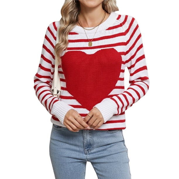 Suéter de Mujer con Estampado de Corazones, Larga, Cuello Redondo, Tejido de Punto Acanalado, Estilo Casual. y Rojo M