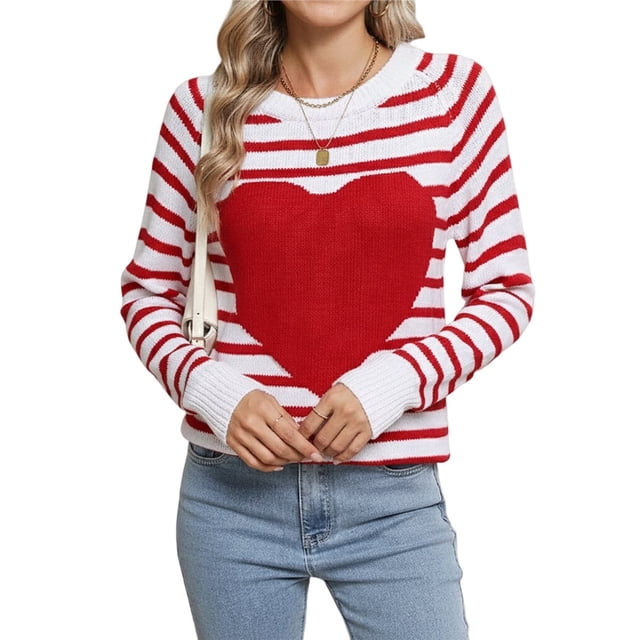 Chandail Mignon à Cœur pour Femme, Manches Longues, Col Ras du Cou, Tricot Côtelé, Chandails Décontractés, Blanc et Rouge, M