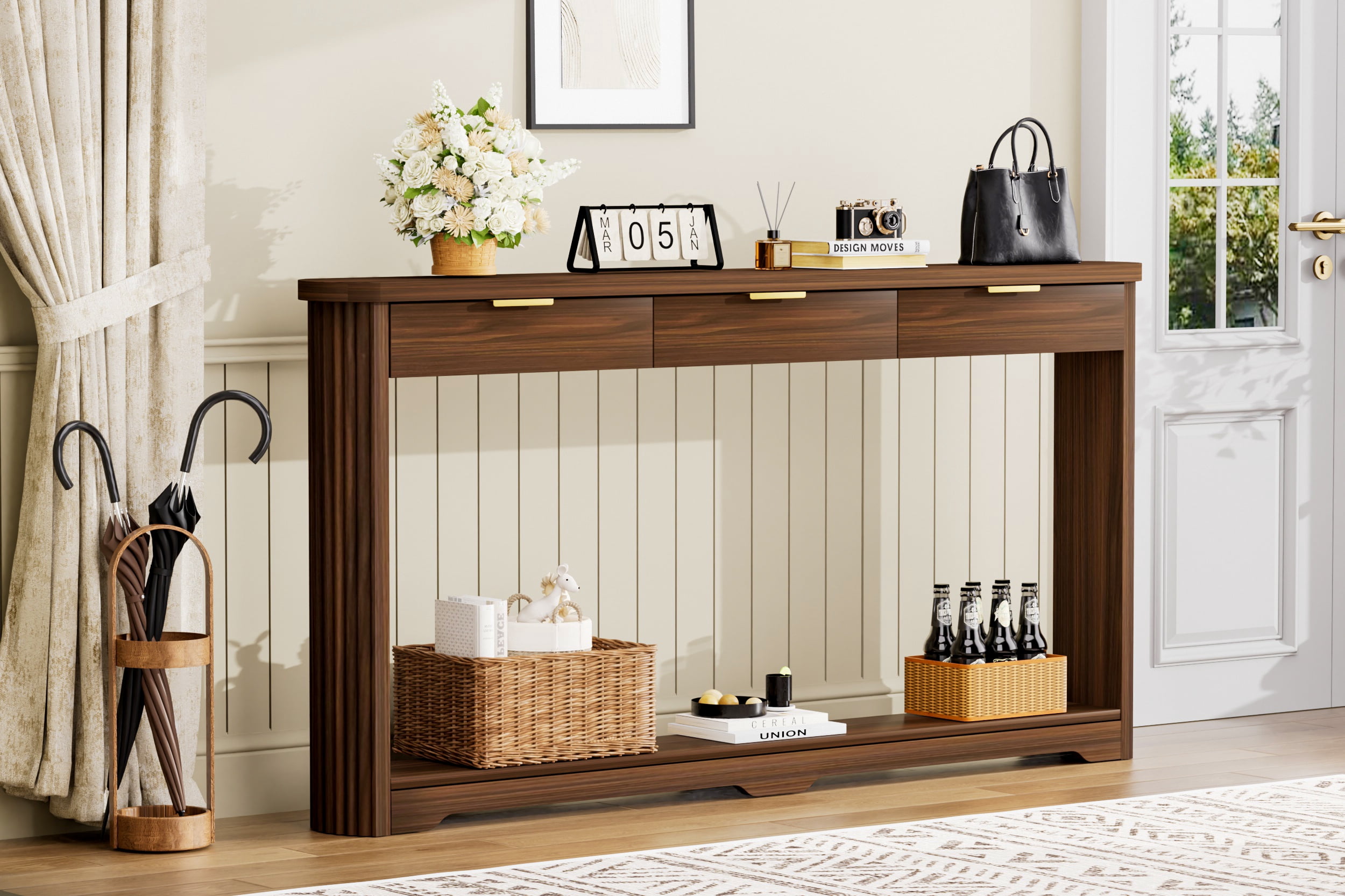 Leumius 70.1" Console Table with Drawers,Slim Wooden Side Table Storage Table for Entryways,Hallways,Doorways,Walnut