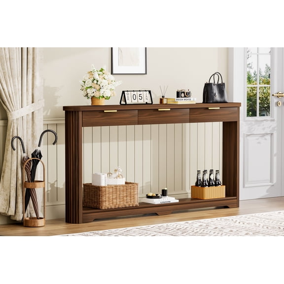WRXELAN 70.1" Wave Pattern Storage Table, Farmhouse Style 3-Drawer Console Table with Bottom Shelf, Wooden Sideboard with Drawers, Narrow Long Sofa Table (Walnut)