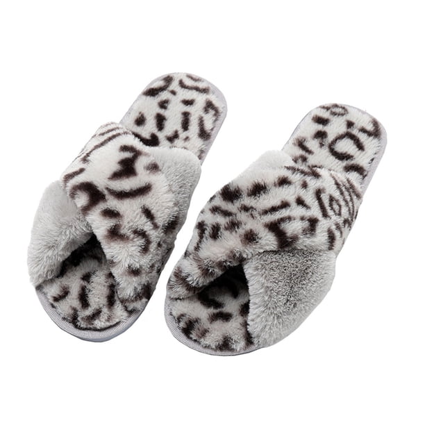 Pantuflas de leopardo con estampado de cruz gris para mujer, suaves y cálidas, para otoño e invierno (talla 36-37)