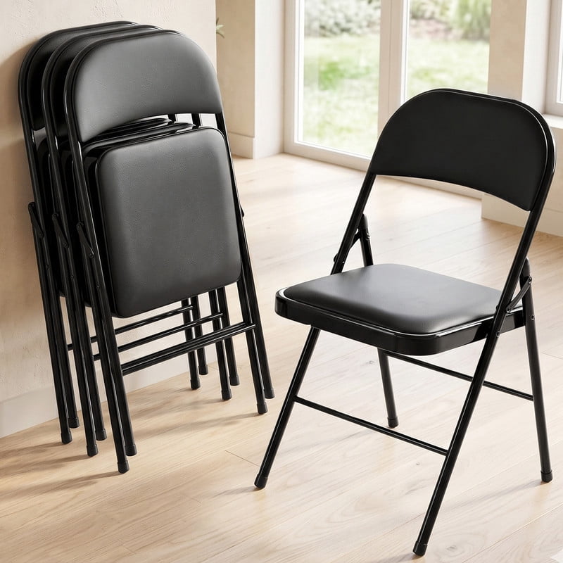 Simenmax 4PCS Folding Chair Padded, Leather Portable Stackable Chair with Steel Frame - Indoor Outdoor Use for Home, Office, Party, Wedding, Church, Black