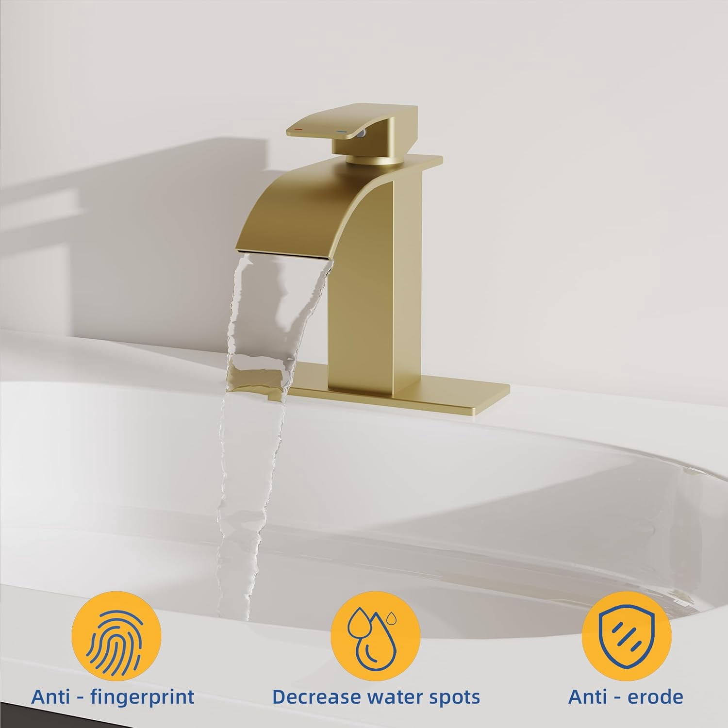 RUACQ Waterfall Bathroom Faucet,Single Handle Bathroom Sink Faucets for 1 or 3 Hole, Stainless Steel Washbasin Mixer Tap with Deck,Pop-up Drain and Supply Hoses (Gold)