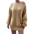 thumbnail image 2 of Vestido Tipo Jersey de Larga con Hombros Descubiertos y Farol para Mujer, de Otoño, Holgado, de Punto Acanalado, Liso Caqui M, 2 of 9