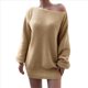 thumbnail image 2 of Vestido Tipo Jersey de Larga con Hombros Descubiertos y Farol para Mujer, de Otoño, Holgado, de Punto Acanalado, Liso Caqui M, 2 of 9