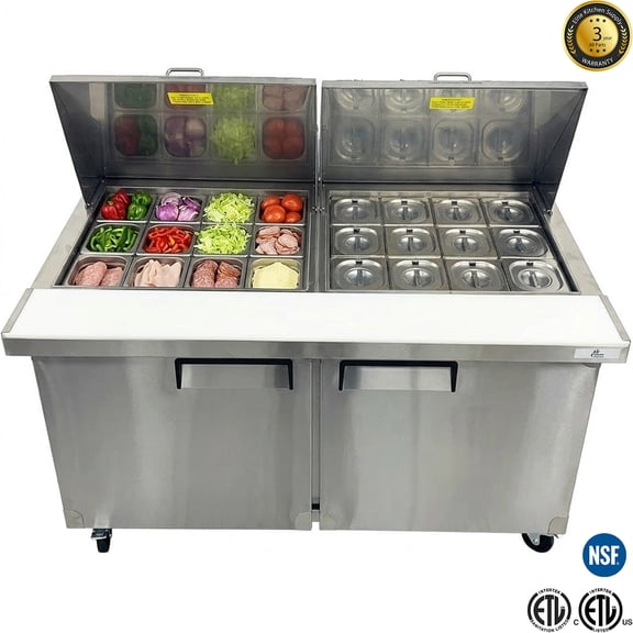 60" Mega Sandwich Prep Table Refrigerator, 18 Cu.Ft., 2-Door Commercial NSF Stainless Steel Food Prep Cooler