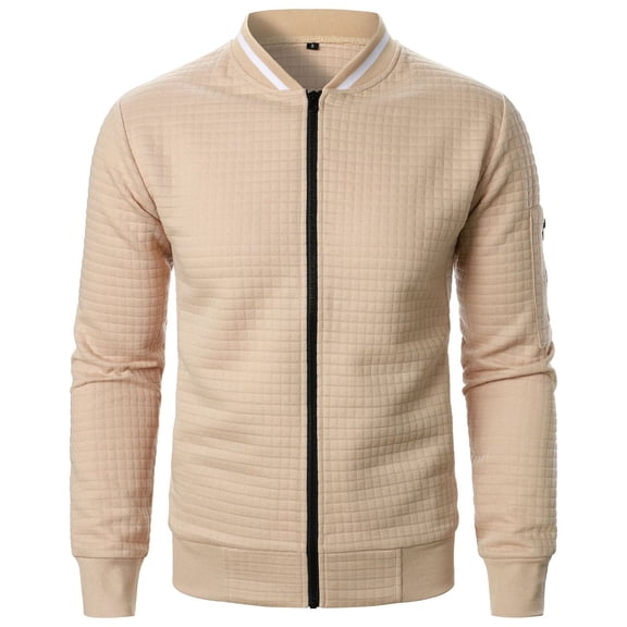 Cmfcve Men's Waffle Jacket Zipper Stand Collar Outwear Coat Long Sleeve Solid Color Business Casual Cardigan