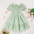 thumbnail image 3 of ZEHJUHAN Toddler Girls' Solid Color Bubble Sleeve A-Line Dress With Hand-Crocheted 3D Flower, Summer Tie Back Sundress for Vacation & Holidays, Green，5Y, 3 of 7