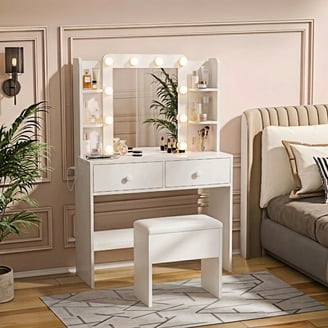 Solar Soda Real Wood White Vanity Table with Mirror and 2 Drawers