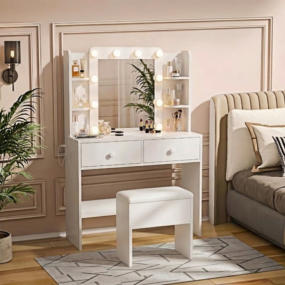 Haewon 33" White Vanity Desk with Mirror and Lights and Power Outlet, Makeup Vanity with Large Desktop & Drawers, Vanity Set with Stool for Bedroom