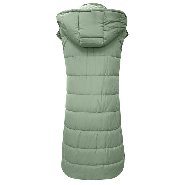 Long Puffer Vest for Women Quilted Down Vest Sleeveless Hooded Puffer Jackets Slit Winter Warm Outerwear with Pockets