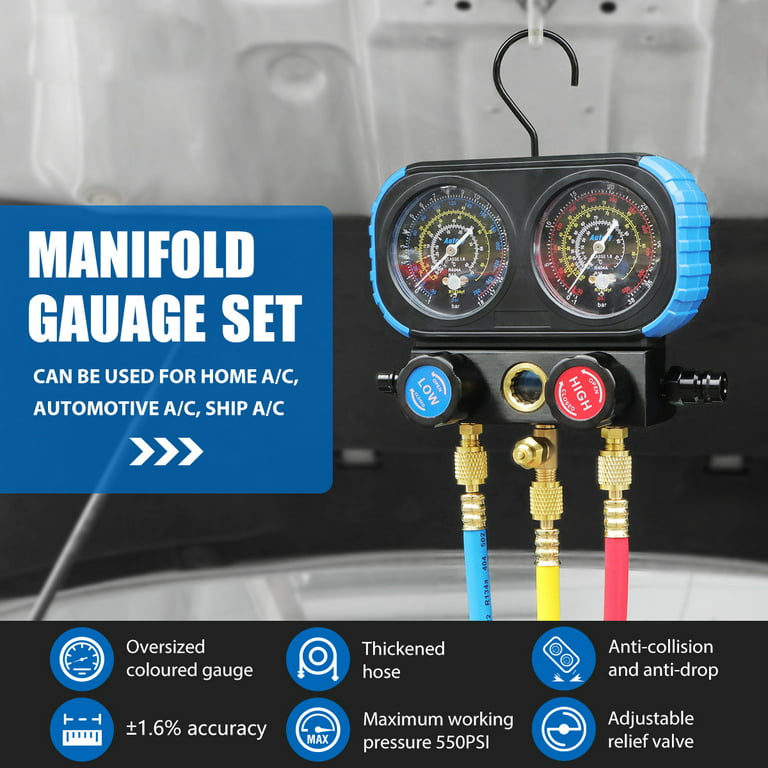 Upgrade Digital Manifold Gauge HVAC System Tester 3 Way AC Air Conditioning  Refrigeration Kit W/ Hose Quick Couple for HVAC for R134A/R12/R404A/R1234yf  Recharging and Maintenance 