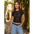 thumbnail image 6 of LMLYSoH Women's Slim Floral Jacquard T-Shirt See-Through Mesh Boat Neck Short Sleeve Crop Tops, 6 of 8