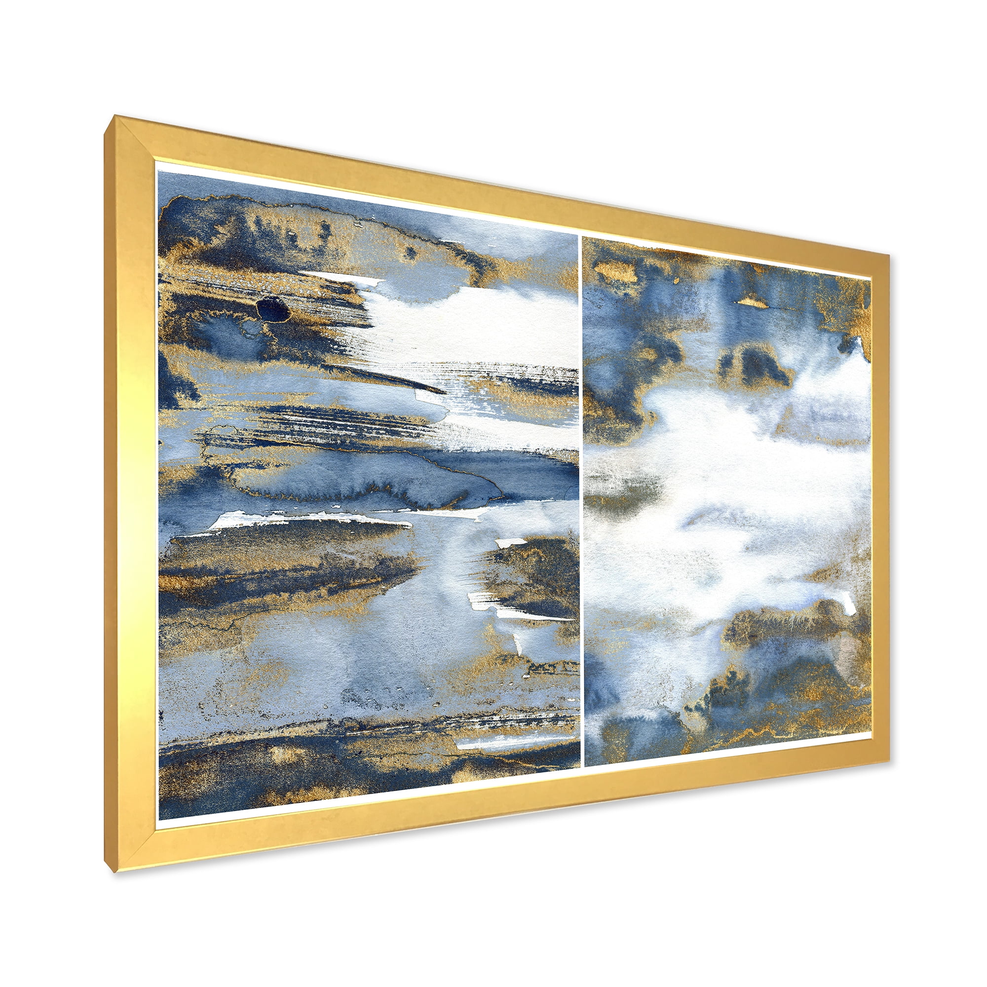 Designart 'Gold and Dark Blue Abstract Waves III' Modern Framed Art Print