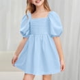 thumbnail image 2 of Milgrthf Girls Summer Dresses Square Neck Lantern Sleeve Solid Color Ruffle A-Line Party Mini Dress 2025 for 4-12 Years Blue, 2 of 9