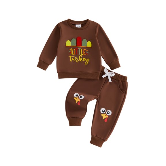 Cjfdfy Toddler Baby Boy Girl Thanksgiving Outfit Little Turkey Print Long Sleeve Sweatshirt And Pants 2 Pcs Set Little Baby Cute My First Thanksgiving Fall Winter Outfit 6M-4Y