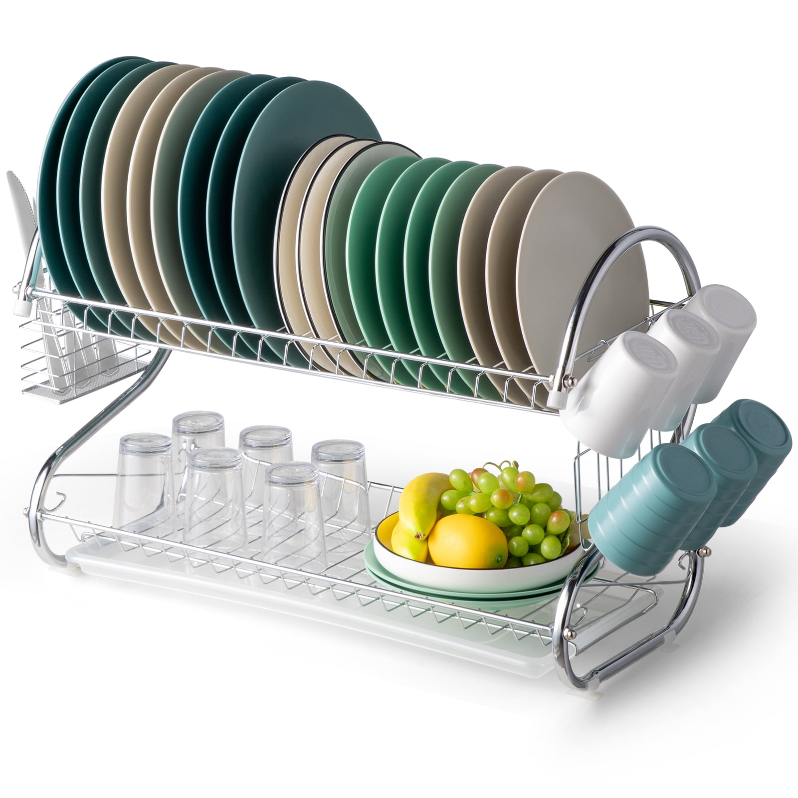 Wuzstar 2-Tier Dish Drying Rack Dustproof Dish Drainer Detachable Drip Tray  with Lid Cover