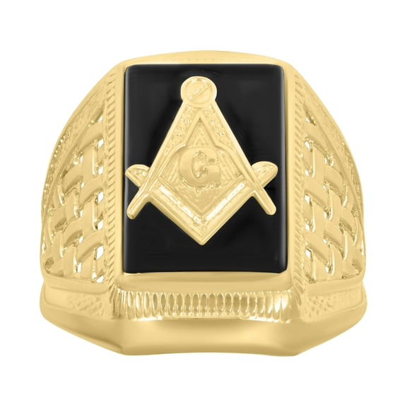 10k Yellow Gold Mens Black Enamel Masonic Symbols Religious Ring