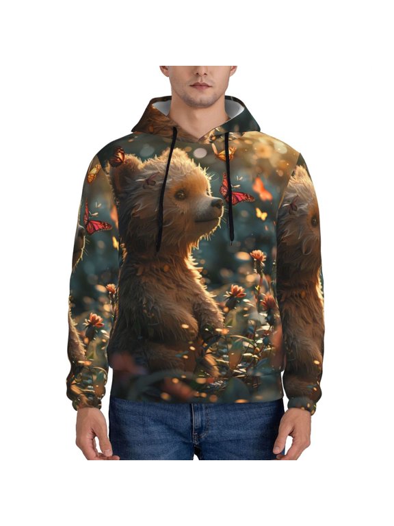 Sunshine Butterfly Flower Bear Pattern Men's Adult Pullover Hoodie,Hooded Sweatshirt-X-Large