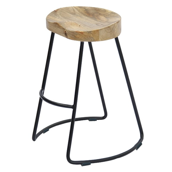 The Urban Port Ela 24 Inch Counter Height Stool, Mango Wood Saddle Seat, Iron Frame, Brown and Black