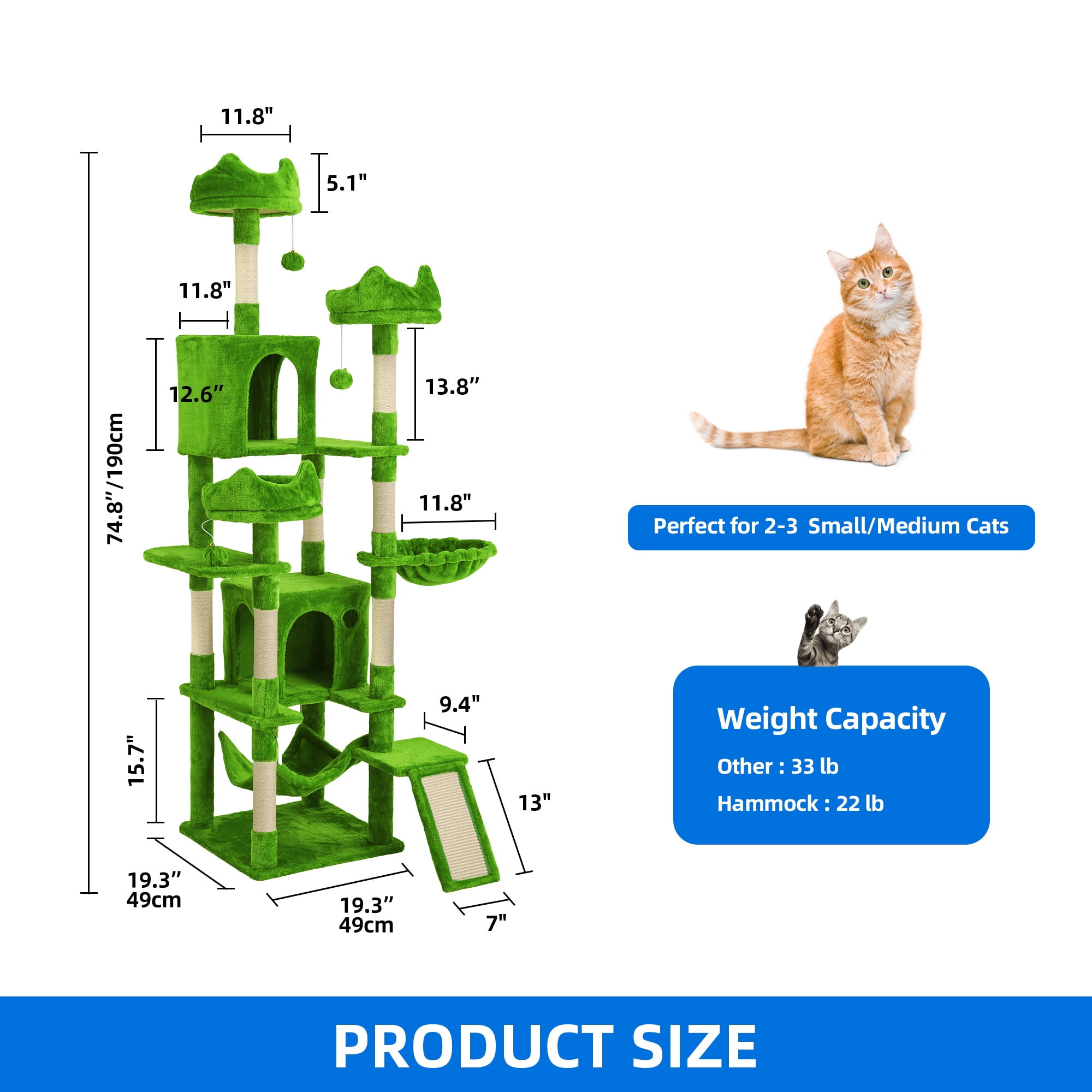 Dextrus 75" Tall Cat Tree for Large Cats, Multi-Level Play Tower Condo with Sisal Ramp Scratching Post & Hammocks, Green
