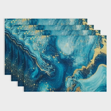 

Pratyus Blue Gold Abstract Linen Placemats Set of 4 for Birthday Parties and Home Decoration 18x12in