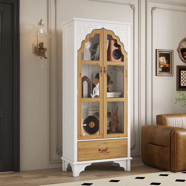 WIAWG Carved Storage Cabinet with 2 Glass Doors & Drawer, Pooja