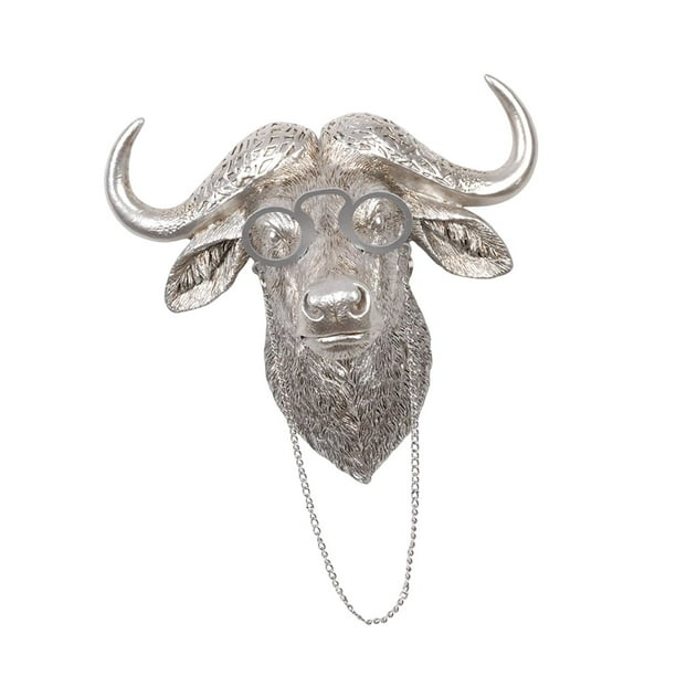 Escultura de pared con cabeza de animal de resina, diseño de búfalo, decoración espacial 3D, cabeza de búfalo pequeña, de resina para sofá, Plata