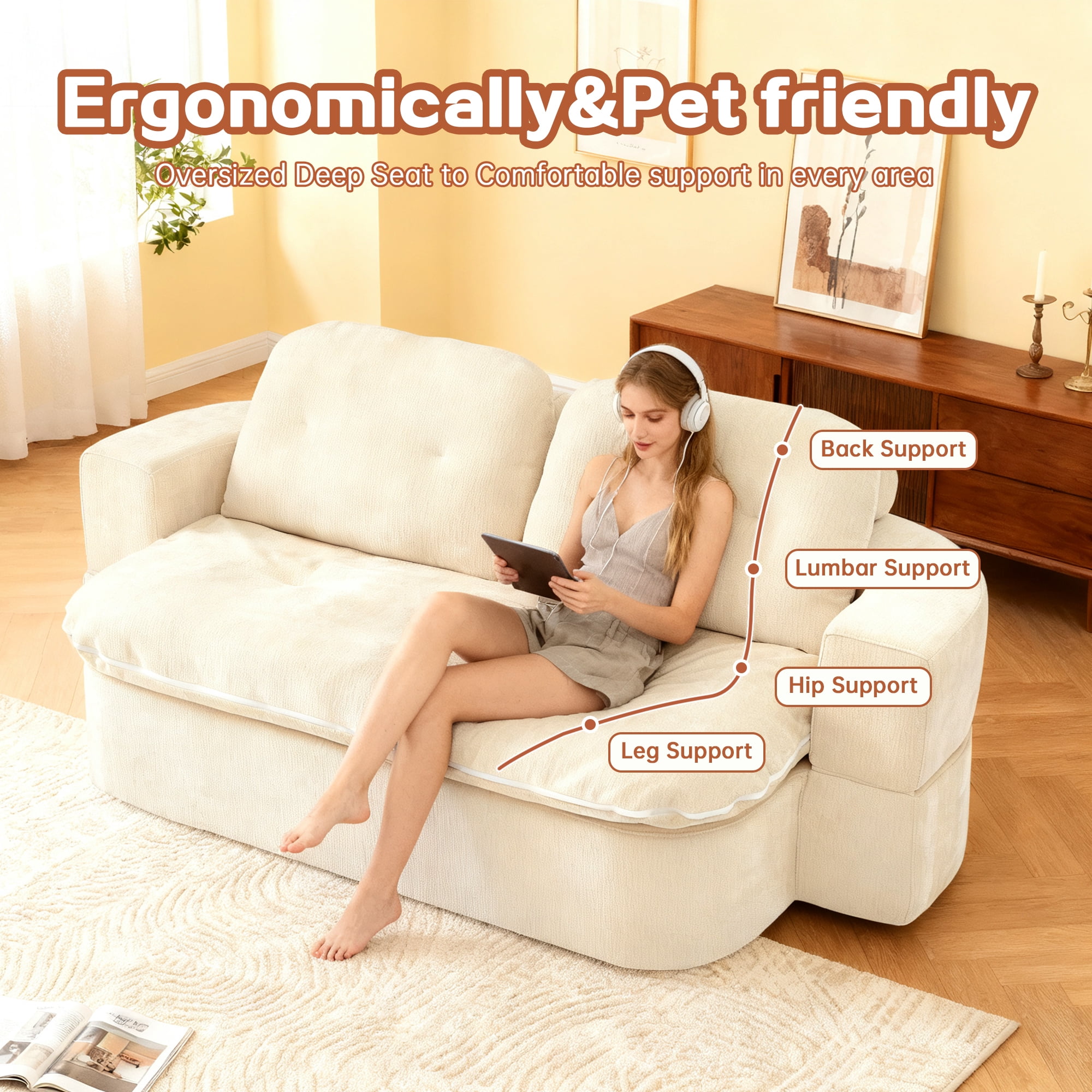 Jopath Sleeper Sofa Bed with 2 Pillows,Corduroy Convertible Futon Sleeper Sofa Couch,Modern Floor Sofa Bed,Folding Mattress for Living Room,Small Spaces,Cream