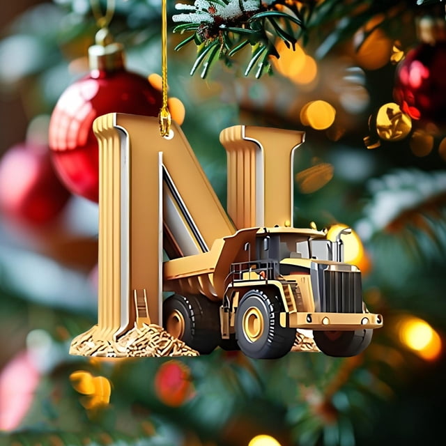 Adornos Navideños con 26 Letras de Vehículos de Construcción | Colgantes Acrílicos de Camiones de Construcción | Adornos Navideños Ligeros y Duraderos para Árboles, Puertas, Chimeneas y Cajas de Rega