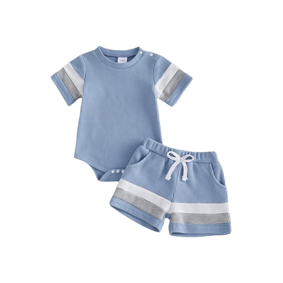 BemeyourBBs Newborn Baby Boy Summer Clothes Waffle 2 Pieces Outfits Contrast Color Crew Neck Short Sleeve Button Down Romper and Pockets Shorts 2 Pcs Set