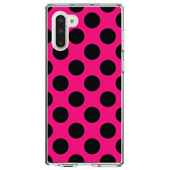 DistinctInk Clear Shockproof Hybrid Case for Samsung Galaxy Note 10 (6.3" Screen) - TPU Bumper, Acrylic Back, Tempered Glass Screen Protector - Black & Hot Pink Polka Dots