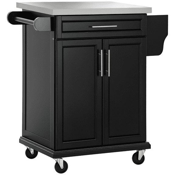 HomCom Wood Stainless Steel Multi- Storage Rolling Kitchen Island Utility Cart With Wheels - Black
