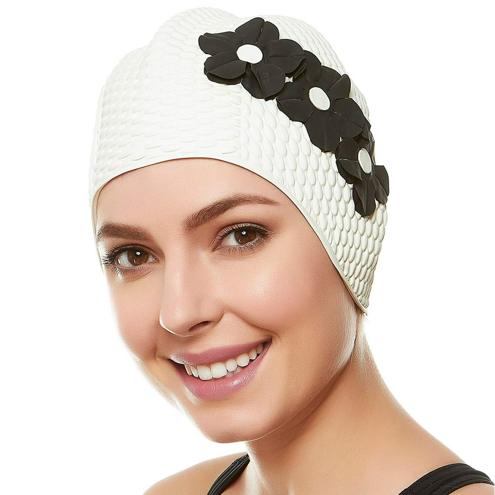 Beemo Swim Bathing Caps for Women & Girls Retro Style Latex Bubble Crepe Swimming Hat with