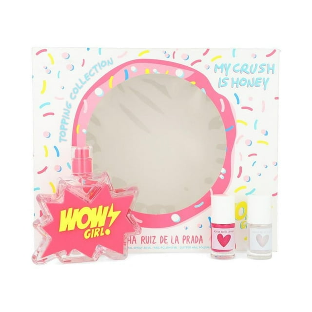 Set Perfume Ágatha Ruiz de la Prada Wow Girl 3pzs 80ml edt spray, esmalte de uñas 6ml, brillo de uñas 6ml