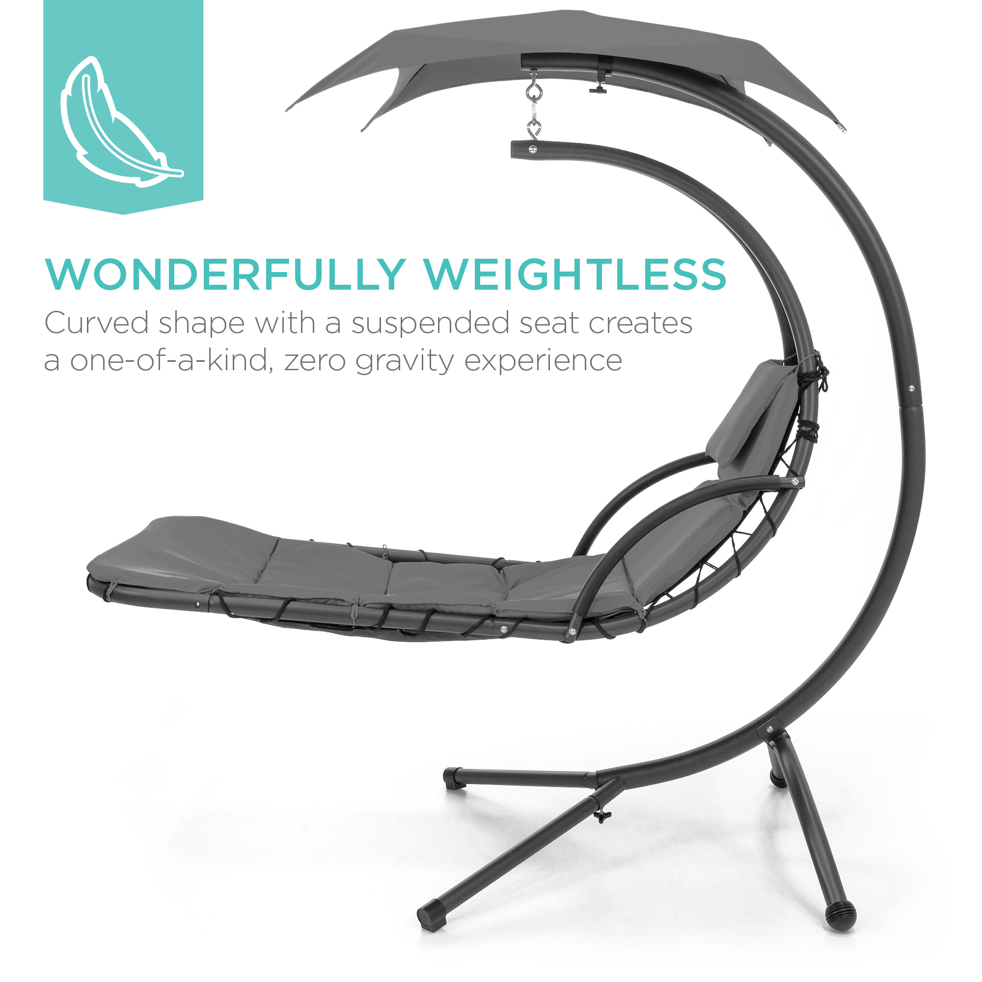 Best Choice Products Hanging Curved Chaise Lounge Chair Swing for Backyard w/ Pillow, Shade, Stand - Charcoal Gray - image 3 of 8