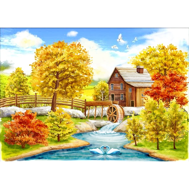 Pintura de diamantes (DE1532) arte casa de otoño río 5D dibujo DIY Kit cuadrado 40x50cm FLhrweasw Nuevo