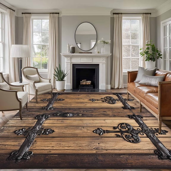 5x8 Area Rugs, Rustic Wooden Door Non-Skid Rubber Backing Large Rectangle Rugs - Living Room Bedroom Home Office, Brown Black Farmhouse Country Vintage Indoor Floor Mat Carpets Washable Rug