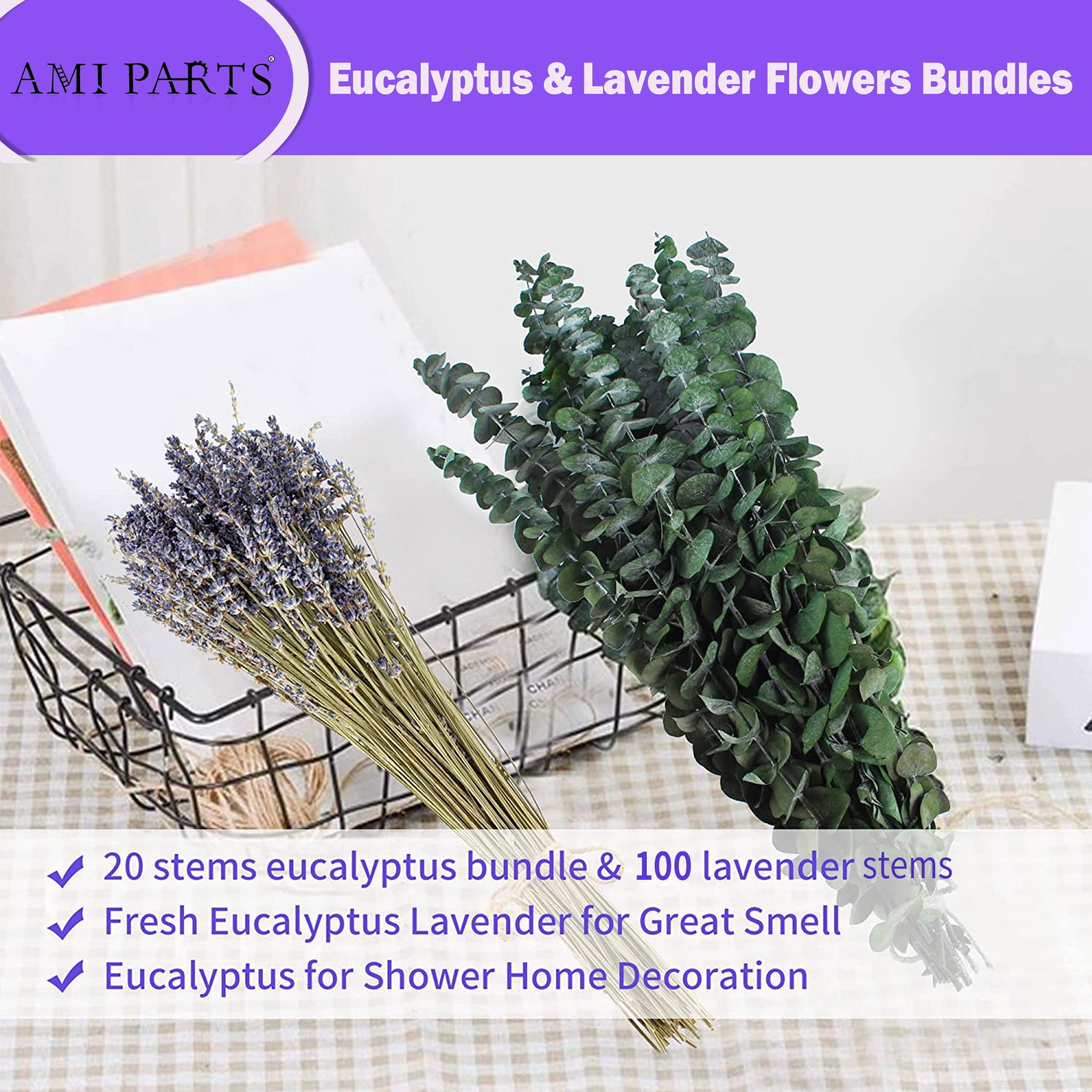AMI PARTS 120Pcs Dried Preserved Eucalyptus Stems and Lavender Flowers Bundles for Shower